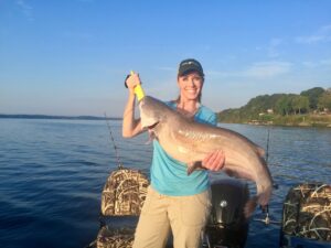 Anietra Hamper with a 27-pound blue catfish at Wilson Lake on the Tennessee River.