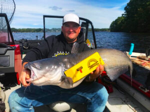 Chris Souders is shown here with a nice blue cat he caught on the Pro Mag Offshore planer boards
