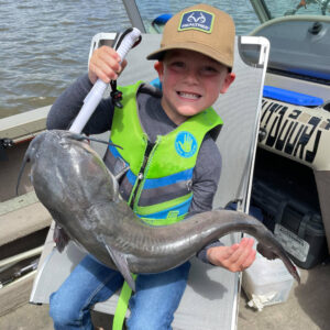 Easton is shown here with a nice channel cat. Channel, blue, or flathead, they all bring a smile to his face. 