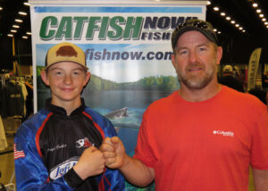 Hayden began fishing for bluegills with his dad before being introduced to channel cats. He is shown here with his dad, Tim, at the 2021 Catapalooza fishing show where he was a seminar speaker who talked to other youth about fishing.  
