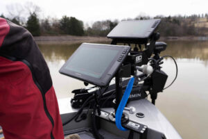 photo of 2 fish finders mounted onto the front of a boat