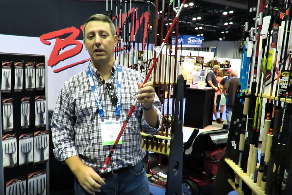 B’n’M Poles Director of Marketing, Jason McDuffie, is shown here at ICAST. The supply chain problems within the catfish industry affect companies' ability to plan inventories.