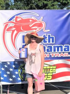 KatMama Industries is focused on promoting lady anglers and helping them achieve their personal goals by recognizing them at various events. This is Nicole Haggermaker after winning the Lady angler event from the North Alabama Catfish Trail on Guntersville. She received the KatMama Pink Pack. 