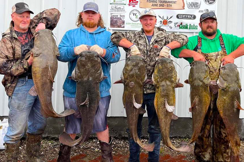 Participants in this year’s Yeager-Jenkins Memorial Catfish Tournament held proof that the Neosho River still holds big flatheads. The fish were later released.