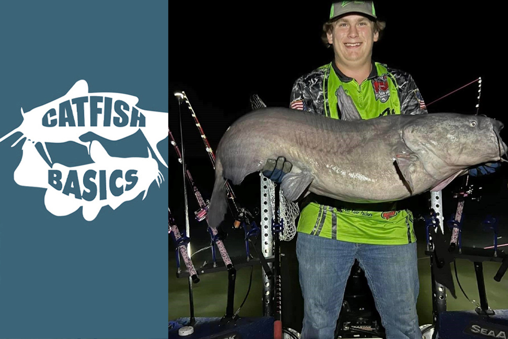 photo of Chandler Highnote holding blue catfish after a successful trip shallow water fishing
