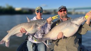Every catfish catch is fun, but it is extra exciting when active light-tackle blues yield doubles. (Photo: Capt. Richard Simms)