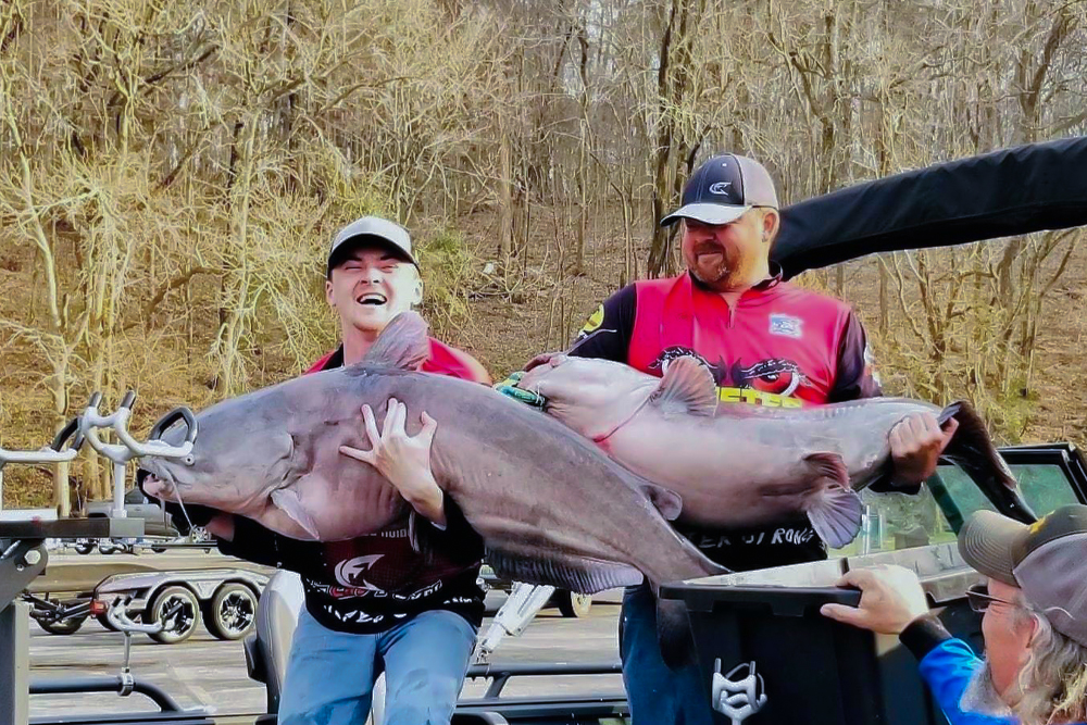 Whether he’s helping guide other anglers or fishing a big catfish tournament with his dad Mike (on right), Jackson Mitchell (left) of Russellville, Alabama always has a big smile on his face that shows how much he loves catfishing. (courtesy of Jackson Mitchell)