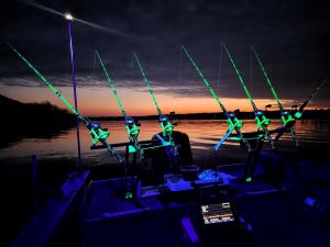 Guide Darren Troseth’s matched set lit up for night fishing.