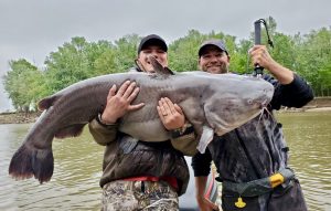 Ryan Casey (right) and a guide client had their hands full when they hoisted a big blue cat caught on the Mississippi River.