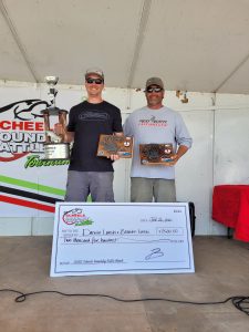 Branden Lunski and his dad Darwin Lunski, the winners of the 2022 Scheels Boundary Battle Catfish Tournament. Darwin and both of his sons have won or almost won many tournaments and are known to be top tournament anglers.