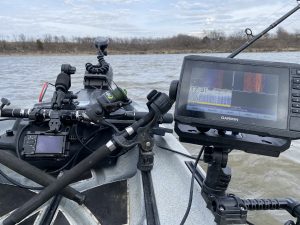 A look from the cramped quarters of a kayak while catfishing. Author Wes Littlefield admits he brings along too much gear!