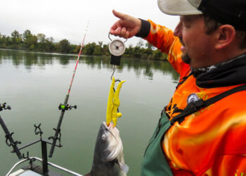 Ty Konkle [FV-Catfishing] chooses Driftmaster two position rod holders on his custom rod bar. He sets the B’n’M rods at the 30-degree to suspend or as shown in this photo, at the 50-degree position to anchor fish.