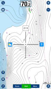 Baker likes to set up in an area as shown by the crosshairs in the photo. It allows him to target deeper and shallower water at the same time. 