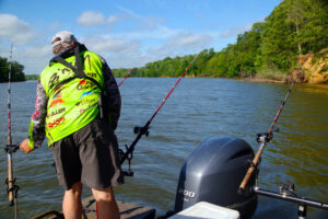 Crimm and Haney usually target catfish in areas with wood structure like the toppled trees seen here. (Keith Sutton photo)