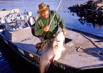 Author Keith Sutton shows the product of a successful day catfishing in winter—a 64-pound trophy blue cat. (Matt Sutton Photo)
