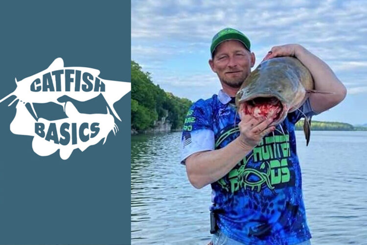 Photo of Joseph Scott Junior holding a blue after he mixed his catfish bait and rigs.