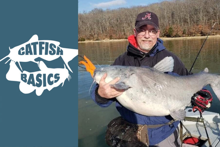 Photo of Scott Wiseman holding a blue cat after fishing shallow
