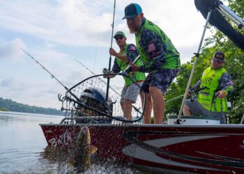 Jay Gallop using a dip net to land this big flat head catfich