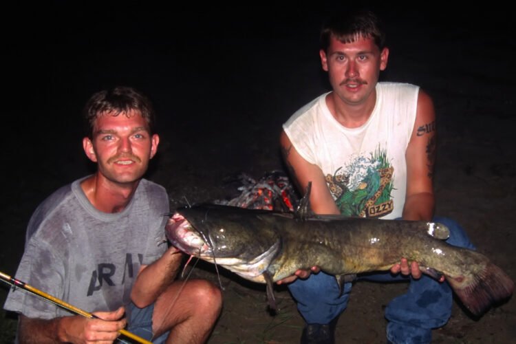 When fishing floodwaters for flatheads, bank fishermen often find themselves battling big catfish in extremely shallow water.