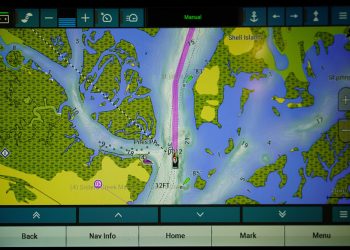 A toolbar running across the top of the screen allows anglers to quickly interface with the trolling motor or other devices in the boat. (Photo by Brad Wiegmann)