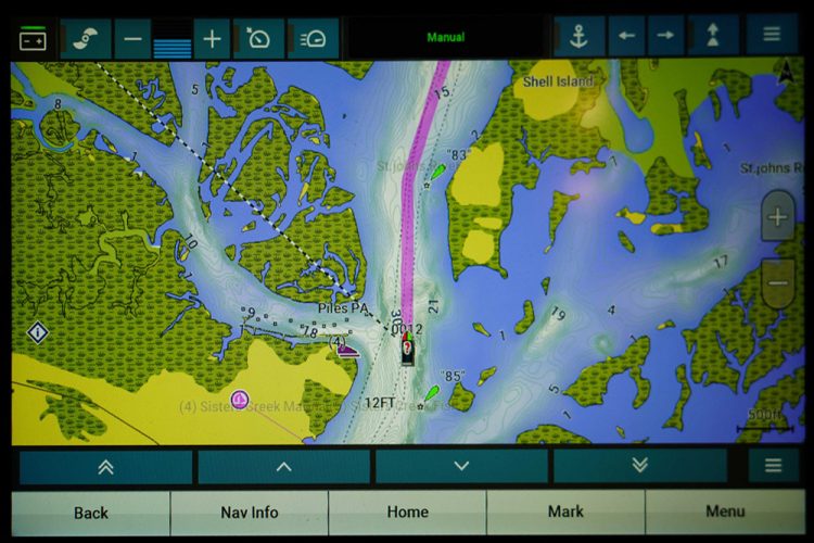 A toolbar running across the top of the screen allows anglers to quickly interface with the trolling motor or other devices in the boat. (Photo by Brad Wiegmann)