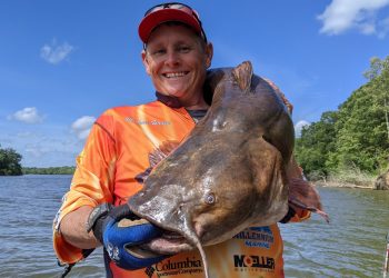 Fishing the currents for big-river flatheads may require manhandling big cats from the dense woody cover where they often hide to ambush prey. B’n’M Pro Staffer Michael Haney caught this brute in just such a spot on the Alabama River.