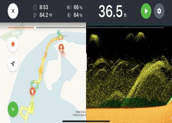 Split-screen imaging with traditional sonar on one side and mapping on the other. The sonar screen capture, taken during summer, shows a thermocline starting at 20 feet and balls of shad near the surface.
