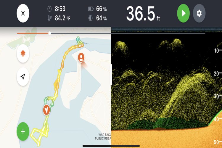 Split-screen imaging with traditional sonar on one side and mapping on the other. The sonar screen capture, taken during summer, shows a thermocline starting at 20 feet and balls of shad near the surface.
