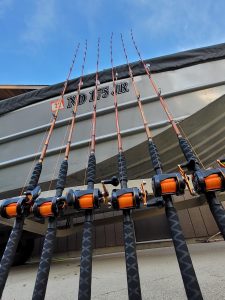 The author’s matched set of catfish rods as they are geared up and ready for an upcoming season.