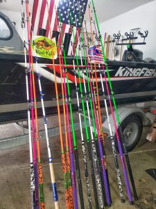 The multicolored catfish rod collection that Minnesota guide Darren Troseth uses for taking his guests out fishing.