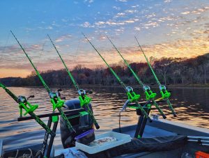 Guide Darren Troseth’s matched set during the day. Rod color doesn’t catch fish, but the fun colors do provide something fun to look at during long days or nights of fishing. 