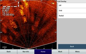 Garmin’s Perspective View radial grids allow an angler to see fish, cover or brush and know at what range they are located. (credit: Brad Wiegmann)