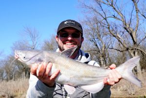 Author Wes Littlefield holding an eating-size blue cat he caught while kayak fishing. 