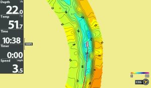 Here is a map from Humminbird AutoChart Live showing a bend in the river. The brown is the shallow water, and the darker the blue color the deeper the water is. This map will clearly show everything about the section of river. Match it to the current seam fish want and catching fish should be easy.