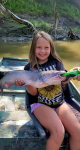 Author’s daughter Ivy with a nice 30” catfish. Small boats, small rivers and kids are a perfect combination for a memorable summer’s day. 