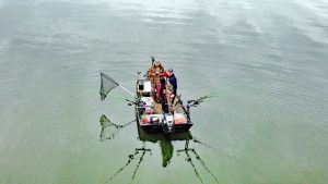 A photo taken with a drone watching from above as Marc Cooper pulls planer boards and down lines for big blue cats on Tennessee’s Ft. Loudon Lake.
