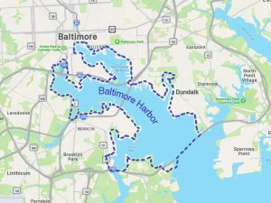 Map of the Baltimore Harbor located at the mouth of the Patapsco River. The blue, dotted outline shows where invasive fish must be caught in order to receive Reel Rewards bounty money. Anglers must provide proof of catch through iAngler to receive bounty.