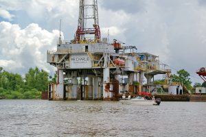 The Mr. Charlie Rig Museum is not only a great place to stop and visit but is also an excellent spot for catching large catfish. Here anglers sit on anchor tightlining for catfish. 